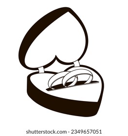 heart-shaped box with a pair of wedding rings black and white linear vector illustration