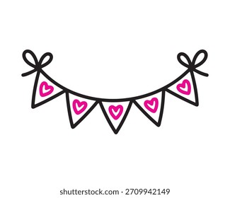 Heart-shaped bunting flags with a bow, simple doodle art illustration
