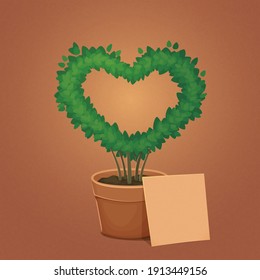 Heart-shaped bush. Decorative potted plant with a blank card. Valentine's day poster template. Vector illustration. Love, gratitude, romance symbol. Topiary design.