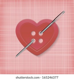 Heart-shaped button with a needle on a striped pink background.