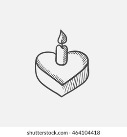 Heart-shaped cake with candle sketch icon for web, mobile and infographics. Hand drawn vector isolated icon.