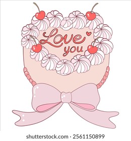 Heart-Shaped Cake with Pink Bow and Cherry Decoration