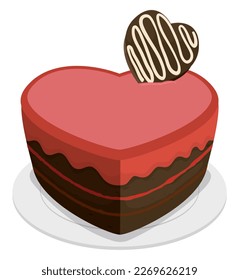 Heart-shaped cake with red cover and chocolate candy on top over plate. Design in cartoon style over white background.