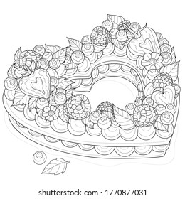 Heart-shaped cake with strawberries, raspberries, blueberries, mint and cream.Tasty sweets.Coloring book antistress for children and adults. Zen-tangle style.Black and white drawing