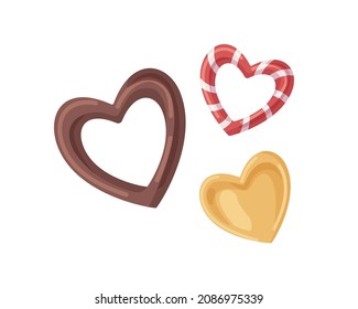 Los caramelos en forma de corazón. Caramelos de fruta y dulces de chocolate. Perros duros de varios sabores. Gotas de azúcar. Ilustración vectorial plana de lazos sabrosos realistas aislados en fondo blanco