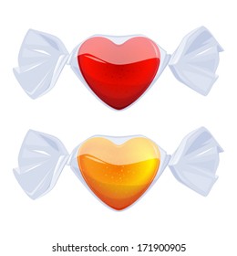 Heart-shaped candies wrapped in transparent film. Good for Valentine' day design.