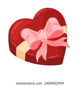 Caja de caramelos en forma de corazón. Elemento romántico con cinta para alguien especial.  Para banner del sitio web, venta, tarjeta de San Valentín, portada, volante o afiche ilustración vectorial de moda