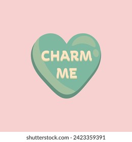 Heart-shaped candy with text CHARM ME on pink background. Valent