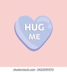 Heart-shaped candy with text HUG ME on pink background. Valentin