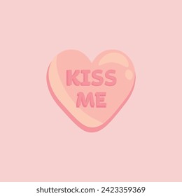 Heart-shaped candy with text KISS ME on pink background. Valenti