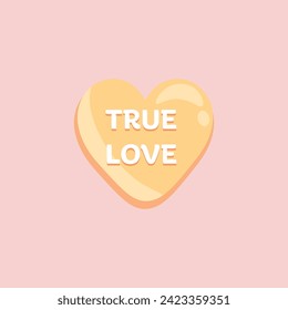 Heart-shaped candy with text TRUE LOVE on pink background. Valen