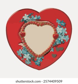 Heart-shaped card with red and blue floral design. Heart frame in center. Romantic heart theme with flowers. Perfect for heart-themed occasions. Vintage art drawing, isolated vector element.