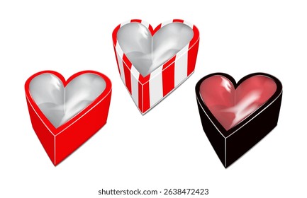 Heart-shaped cardboard two-piece gift box with transparent clear plastic lift-off lid. Mockup. Black, striped, red color design. Realistic 3d vector mock-up set. Window box. Easy editable template