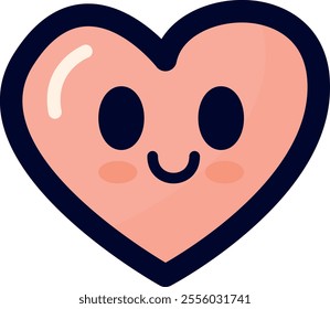 Heart-shaped cartoon character with a smiling face. The heart is pink with a dark blue outline, featuring black oval eyes, a small curved mouth, pink blush marks, and a white highlight.