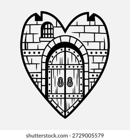 Muro de castillo en forma de corazón con puerta y ventana