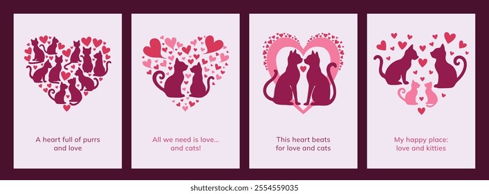 Heart-Shaped Cat Valentine Card Collection, Romantic Cat and Heart Silhouette Designs