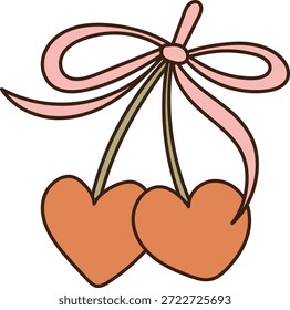 Par de cerezas en forma de corazón cuelga de una cinta de lazo con líneas limpias y contorno suave. Símbolo de amor, romance, vínculo de pareja, regalo y celebración. Ilustración vectorial de dibujos animados.