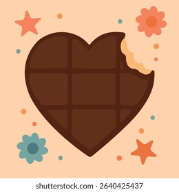 Heart-Shaped Chocolate with Bite and Colorful Flowers