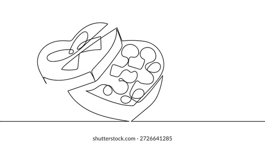 Heart-shaped chocolate box, continuous single line art. one line drawing