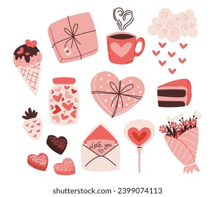 Heart-shaped Chocolates, Fragrant Flowers, Handwritten Love Note, And Ice Cream and Cake, Create A Romantic Ambiance For Valentines Day, Celebrating Love And Affection. Cartoon Vector Illustration