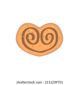 Heart-shaped cinnamon bun. Sweet treat with sugar isolated on white background. Vector illustration