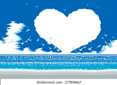 The heart-shaped clouds that floats on a sea in the daytime summer.