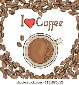 Heart-shaped coffee bean template with a coffee Cup. I like coffee. Vector illustration in sketch style. Mock-up. Top view.