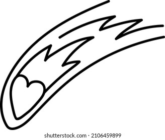  cometa en forma de corazón al estilo doodle. Dibujo vectorial de contorno de un meteorito espacial. Un corazón en caída. Asteroide, planeta de amor