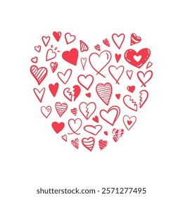 Heart-shaped composition of red doodle hearts on white background