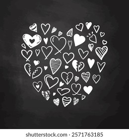 Heart-shaped composition of white doodle hearts on chalkboard background