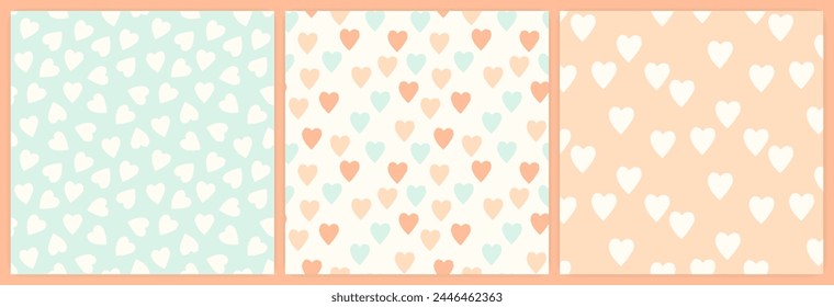 Heart-shaped confetti seamless pattern set in a pastel color palette. Heart shapes minimalist gender neutral blue and peach party background.