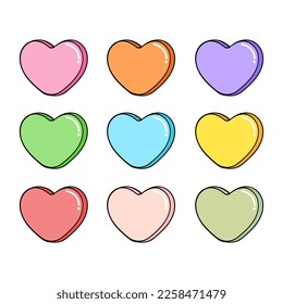 Heart-shaped conversation hearts Valentines Day rainbow candy sweets love blank icon collection vector isolated on white background