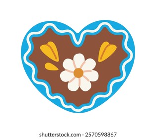 Heart-shaped cookie with a floral decoration, featuring a white flower and yellow accents on a brown surface, outlined with a blue border. Vector illustration