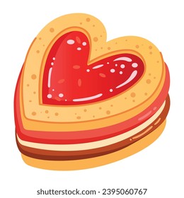 Heart-shaped cookie with layered topping, strawberry jam, cream, and chocolate. Sweet love symbol. Happy Valentine's Day bakery gift. Decorated cookie vector illustration.