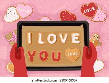 The heart-shaped cookies are placed in the oven on a baking sheet. Making cookies for Valentine's Day. Vector illustration