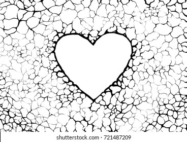 Heart-shaped cracks on grunge background. Networks of roots or cracked concrete wall. Vector texture design in love concept.