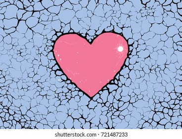 Heart-shaped cracks on grunge background. Networks of roots or cracked concrete wall. Vector texture design in love concept.