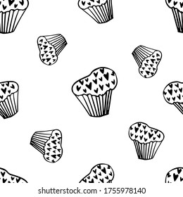 quequito en forma de corazón. Dibujo de doodle de un quequito estilizado sobre el tema del amor y el romance. Dibujo de postre en blanco y negro para el día de San Valentín
