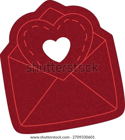 Heart-shaped cutout on an open envelope, flat shading and clean outlines. Love mail motif with stitched motif lines and textured paper edges. Cartoon vector illustration