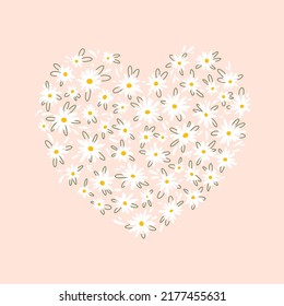 Heart-shaped daisies. Cute little white flowers in simple hand drawn cartoon style in pastel colors. Vector stock illustration.