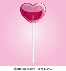 Heart-shaped dark pink lollipop. Valentine's day. Pseudo 3D design. Glossy candy heart. Modern vector illustration.