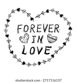Um design em forma de coração apresenta o texto 'Forever in Love' com corações decorativos. Este design usa linhas e padrões simples, criando uma declaração visual sobre o amor.