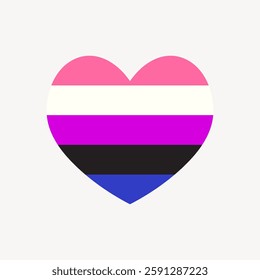 Heart-shaped design with genderfluid flag colors: pink, white, purple, black, and blue. Symbolizes genderfluid identity and pride. Genderfluid flag heart. Love element vector.