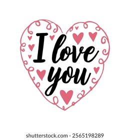 Heart-shaped design with I love you text, pink hearts, and swirls on a white background. Perfect for love and romance themes