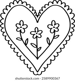 Heart-shaped design with scalloped edges and three flowers inside