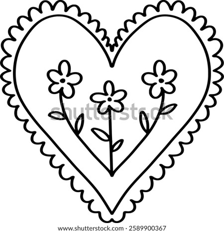 Heart-shaped design with scalloped edges and three flowers inside