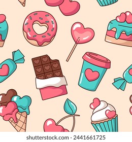 Heart-shaped desserts, sweet fast food with hearts seamless pattern, background