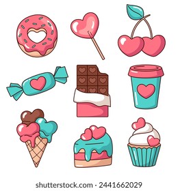 Heart-shaped desserts, sweet fast food with hearts, set of cute illustrations