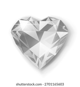 Un diamante en forma de corazón con facetas y sombreado, sobre un fondo blanco con sutil efecto de sombra.