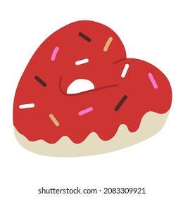 Heart-shaped donut covered with glaze and sprinkled with sweet crumbs. Happy Valentines Day. All lovers Day decoration element.  Delicious food, sweets. Flat style in vector illustration. Isolated. 